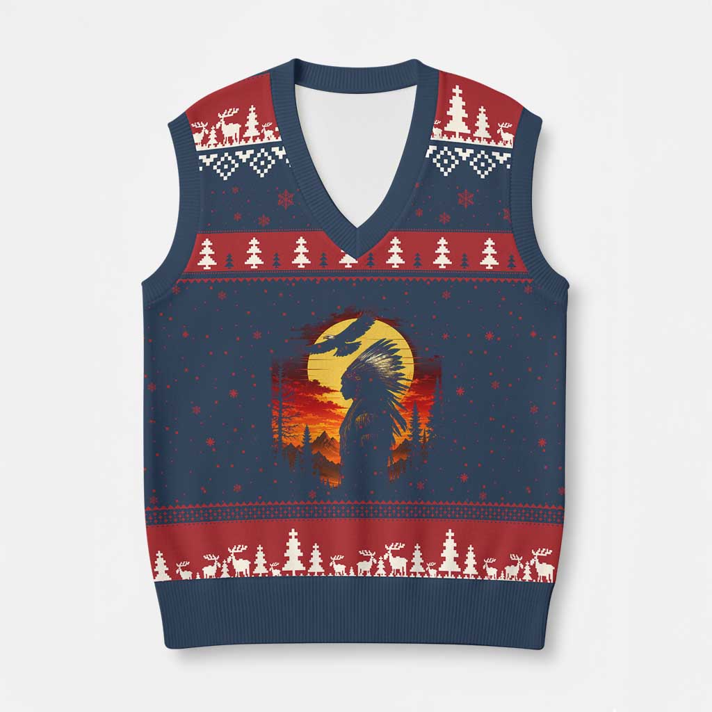 Vintage Native American Warrior V-Neck Knit Sweater Vest Indigenous Heritage Pride