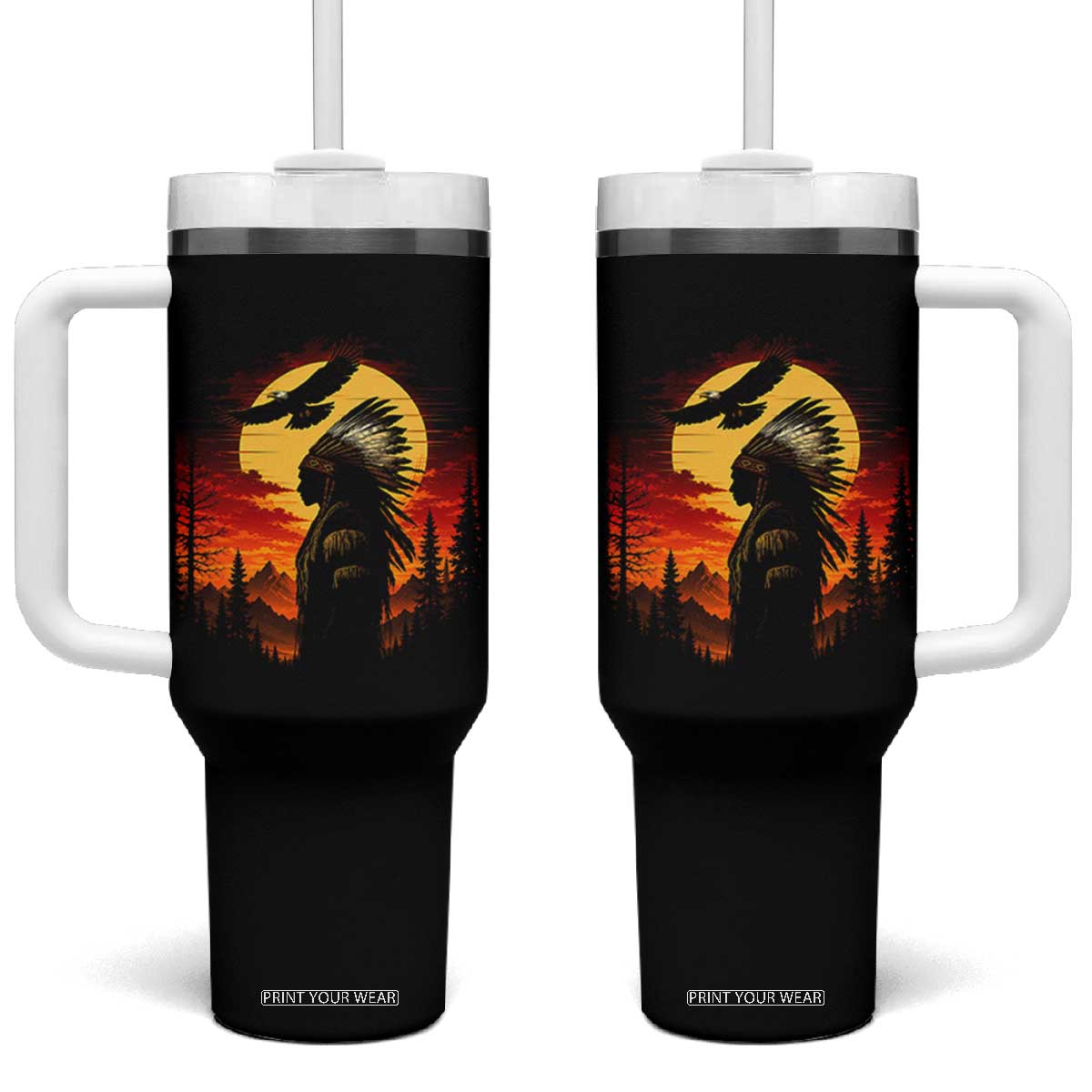 Vintage Native American Warrior Tumbler With Handle Indigenous Heritage Pride TS12 One Size: 40 oz Black Print Your Wear