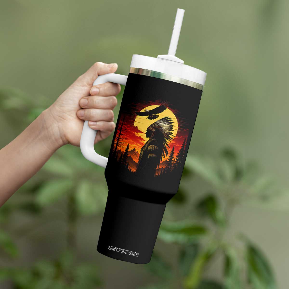 Vintage Native American Warrior Tumbler With Handle Indigenous Heritage Pride