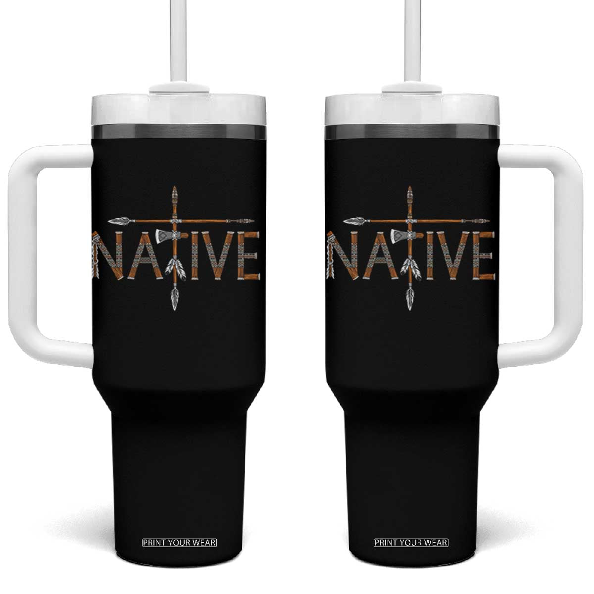 Western Style Tribal Feather Tumbler With Handle Vintage Boho Graphic