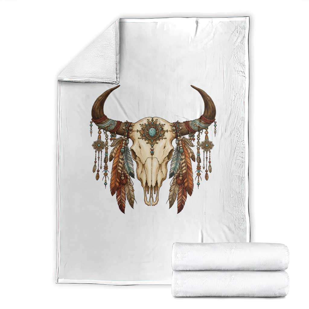 Vintage Southwestern Cow Skull Throw Blanket Boho Feather Western Graphic TS12 White Print Your Wear