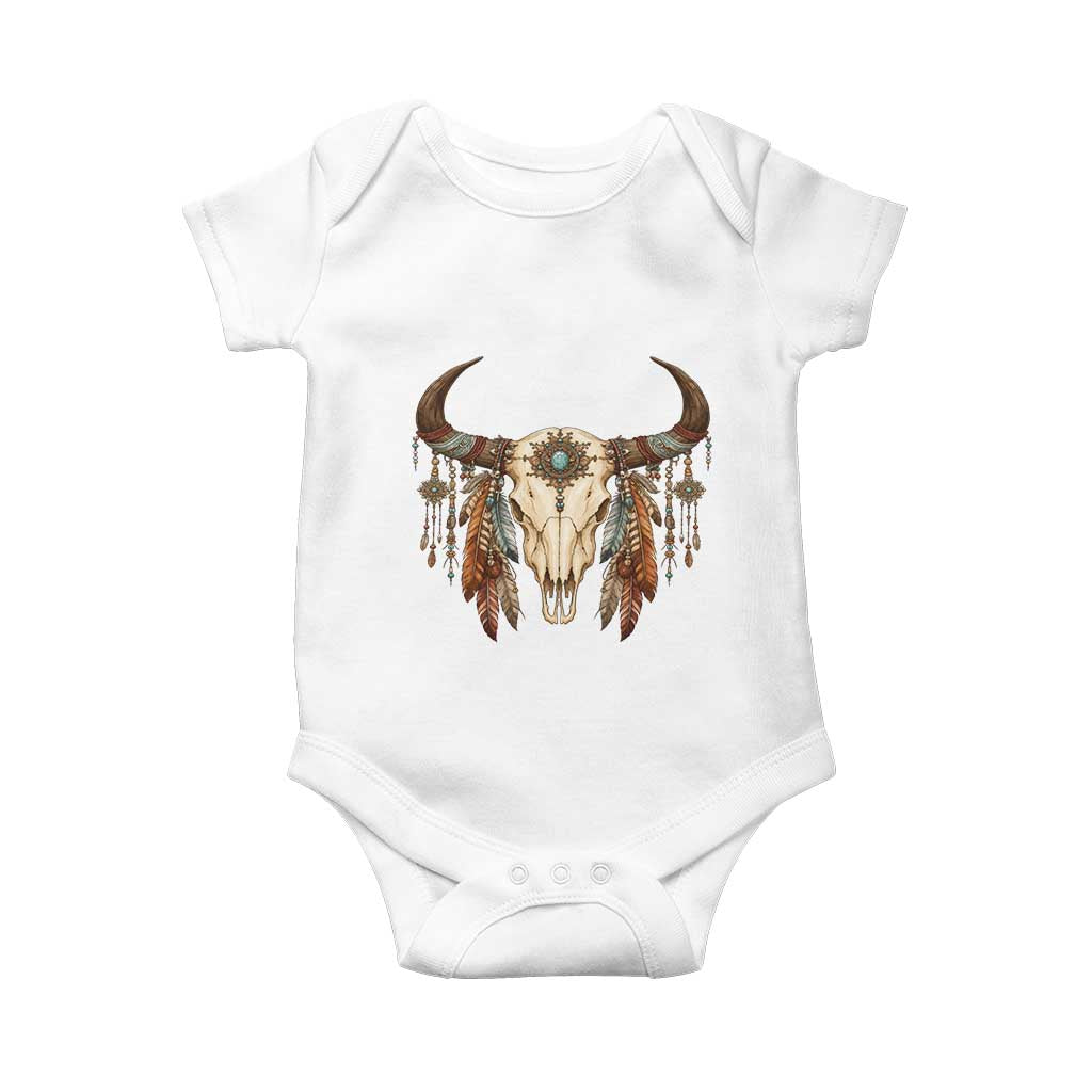 Vintage Southwestern Cow Skull Baby Onesie Boho Feather Western Graphic TS12 White Print Your Wear