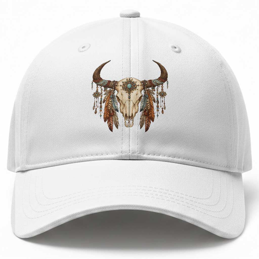 Vintage Southwestern Cow Skull Baseball Cap Boho Feather Western Graphic TS12 Print Your Wear