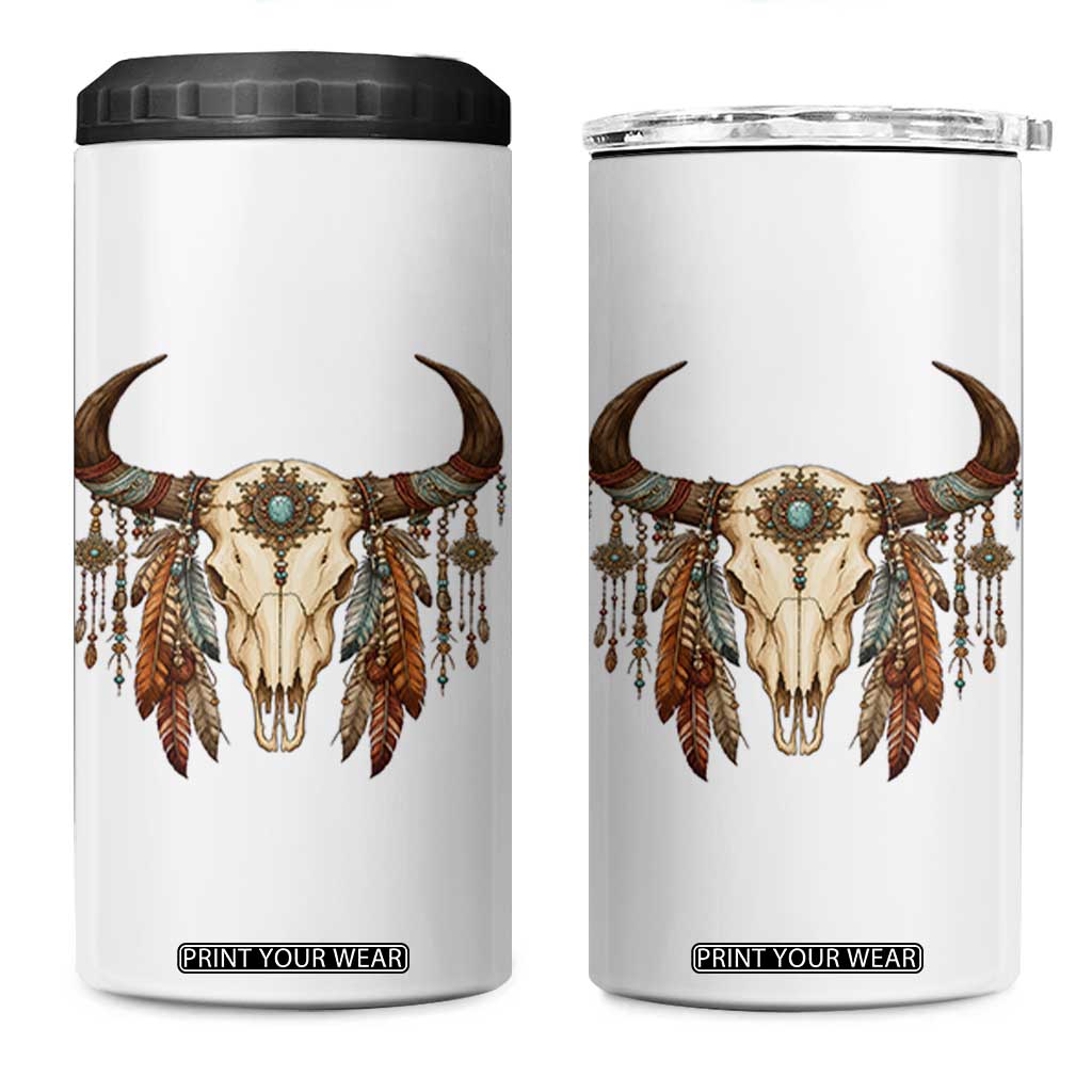 Vintage Southwestern Cow Skull 4 in 1 Can Cooler Tumbler Boho Feather Western Graphic
