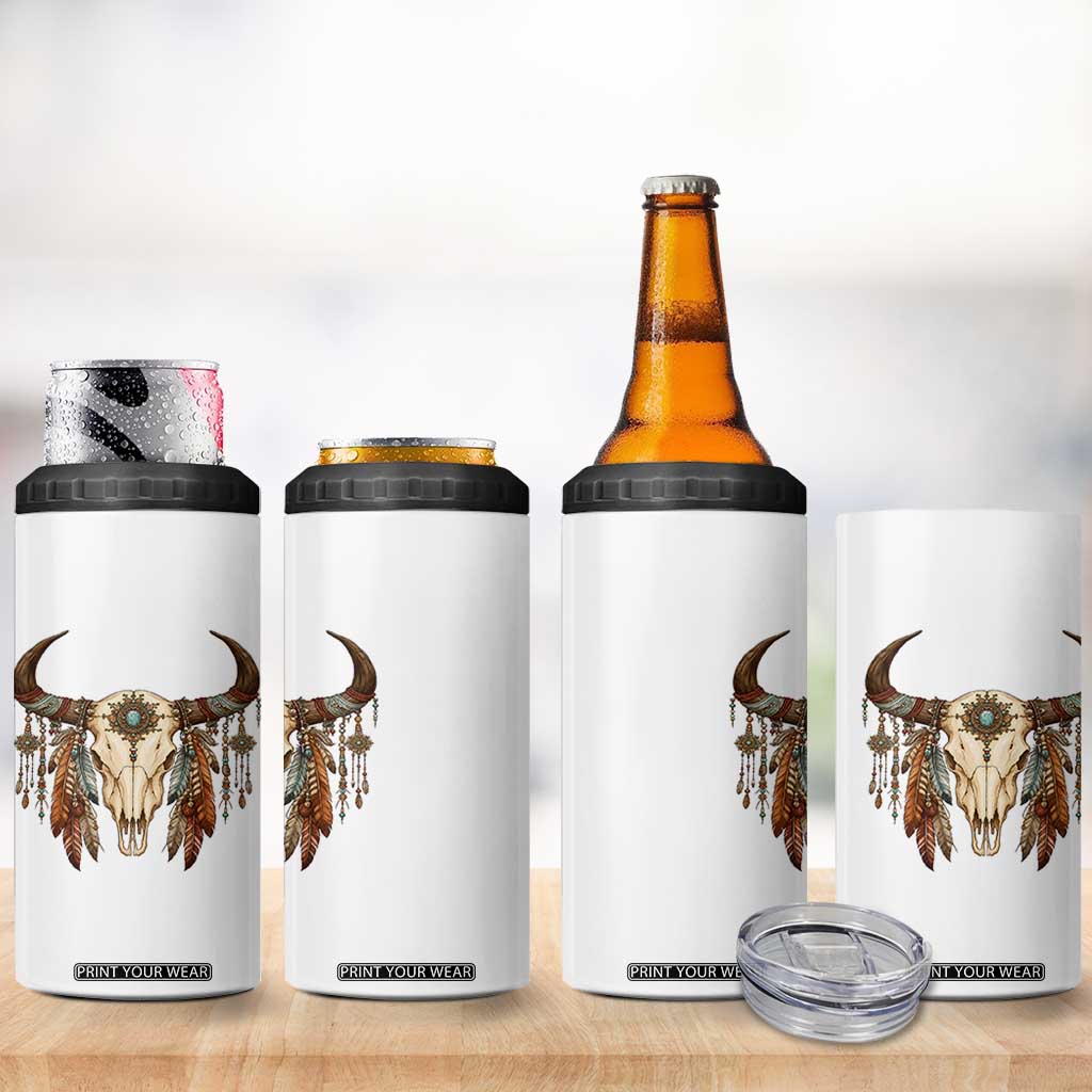 Vintage Southwestern Cow Skull 4 in 1 Can Cooler Tumbler Boho Feather Western Graphic