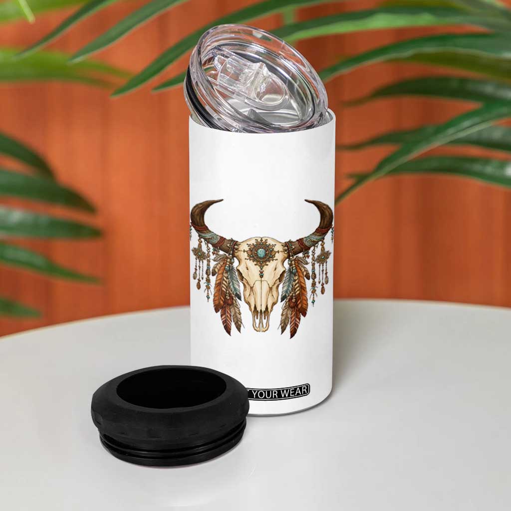 Vintage Southwestern Cow Skull 4 in 1 Can Cooler Tumbler Boho Feather Western Graphic