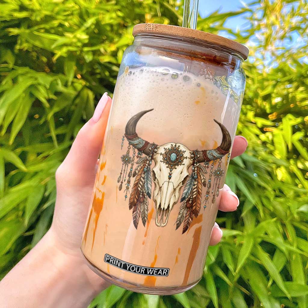 Vintage Southwestern Cow Skull Glass Can Boho Feather Western Graphic TS12 White Print Your Wear