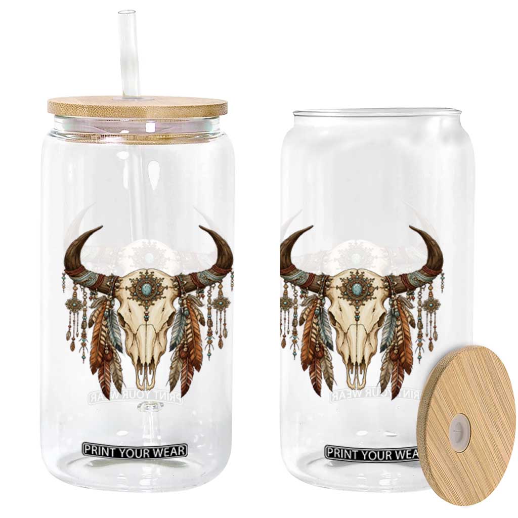 Vintage Southwestern Cow Skull Glass Can Boho Feather Western Graphic