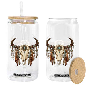 Vintage Southwestern Cow Skull Glass Can Boho Feather Western Graphic