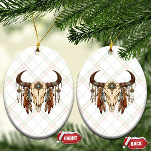 Vintage Southwestern Cow Skull Ceramic Ornament Boho Feather Western Graphic