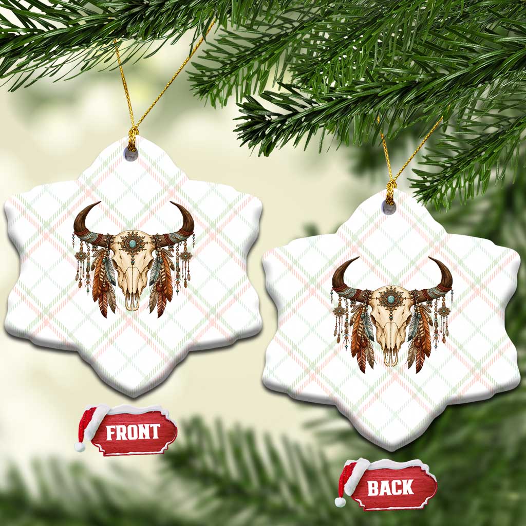 Vintage Southwestern Cow Skull Ceramic Ornament Boho Feather Western Graphic