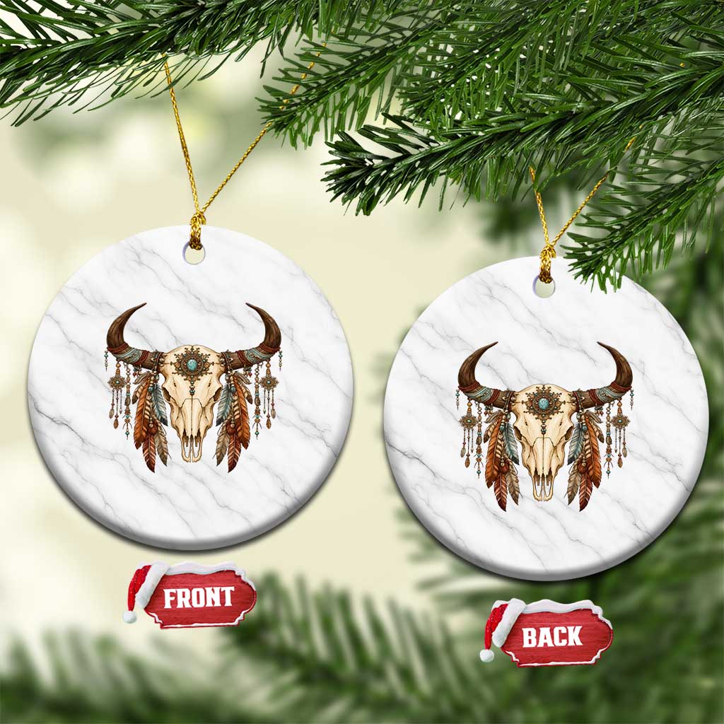Vintage Southwestern Cow Skull Ceramic Ornament Boho Feather Western Graphic TS12 1pc White Marble Print Your Wear