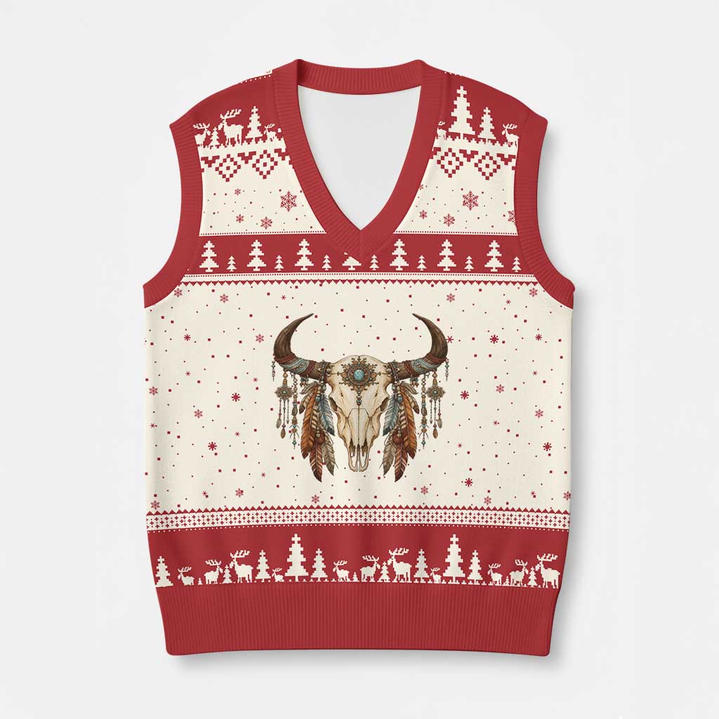 Vintage Southwestern Cow Skull V-Neck Knit Sweater Vest Boho Feather Western Graphic TS12 Beige Red Print Your Wear