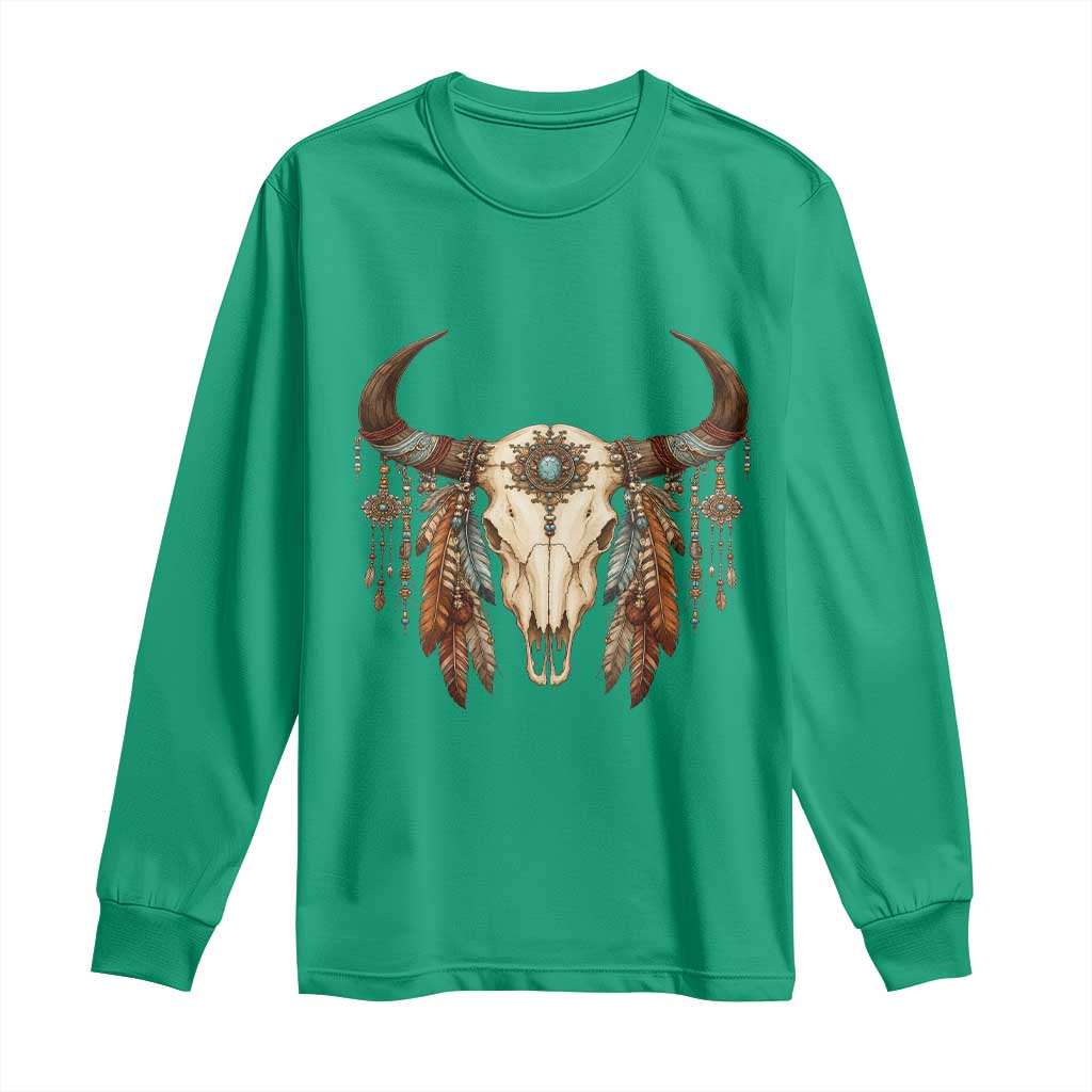 Vintage Southwestern Cow Skull Long Sleeve Shirt Boho Feather Western Graphic