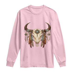 Vintage Southwestern Cow Skull Long Sleeve Shirt Boho Feather Western Graphic