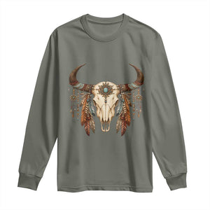 Vintage Southwestern Cow Skull Long Sleeve Shirt Boho Feather Western Graphic
