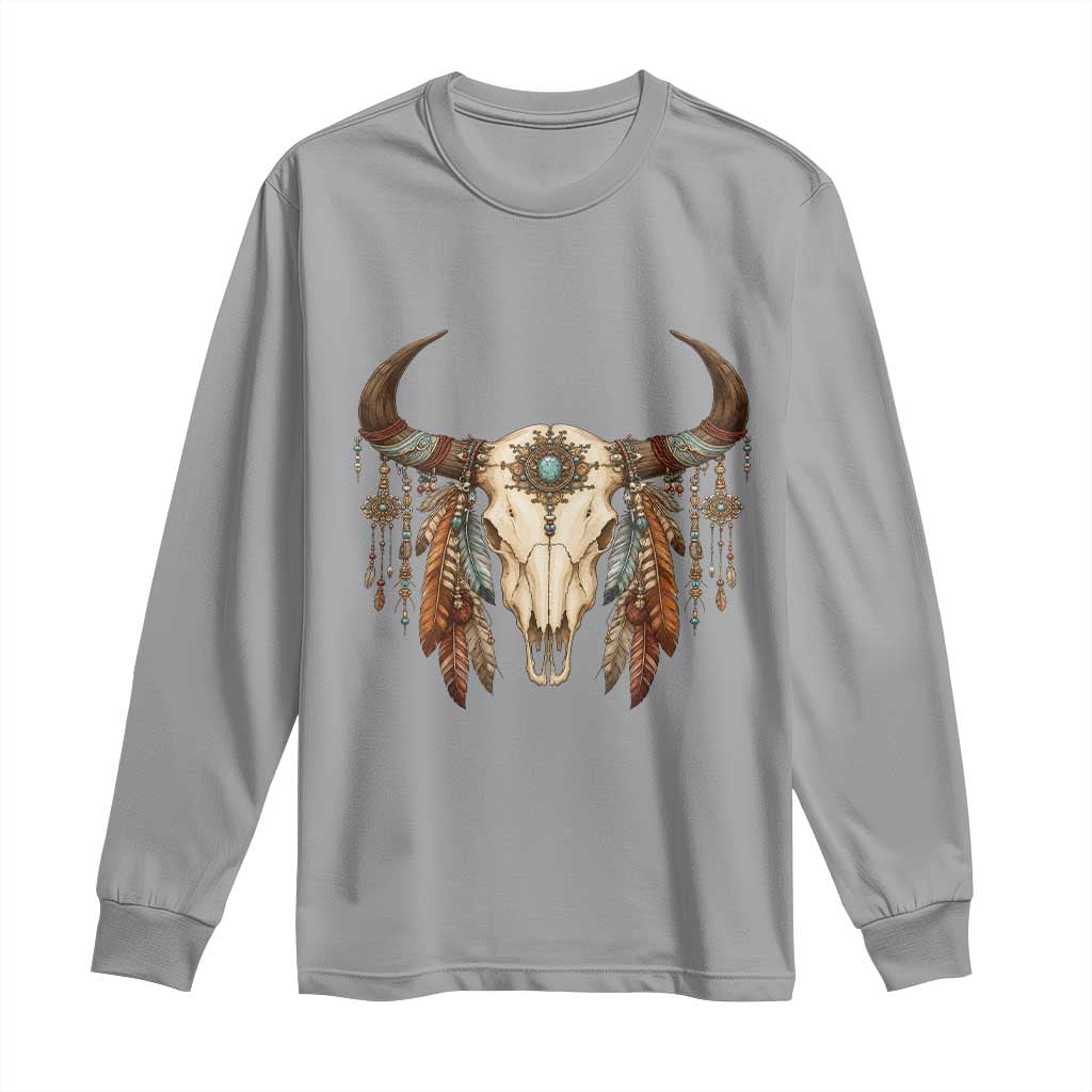 Vintage Southwestern Cow Skull Long Sleeve Shirt Boho Feather Western Graphic