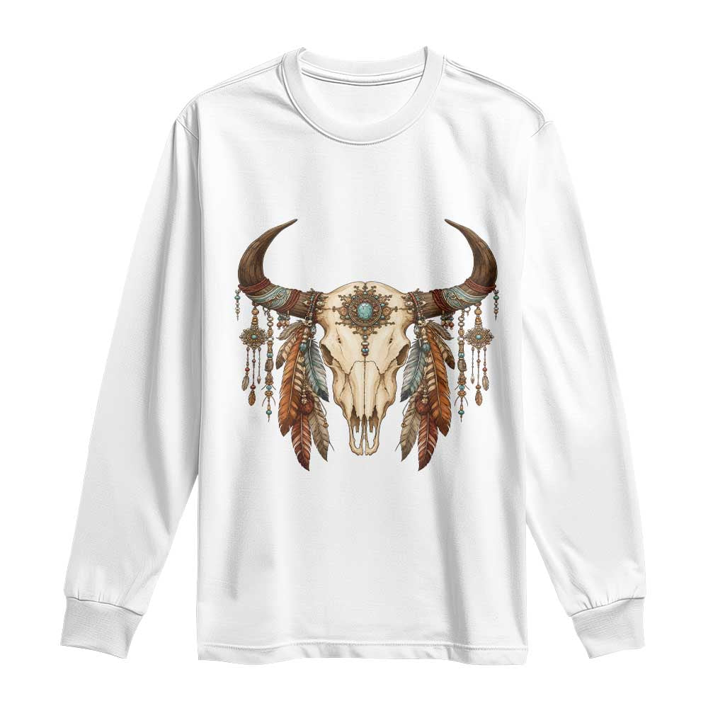 Vintage Southwestern Cow Skull Long Sleeve Shirt Boho Feather Western Graphic TS12 White Print Your Wear