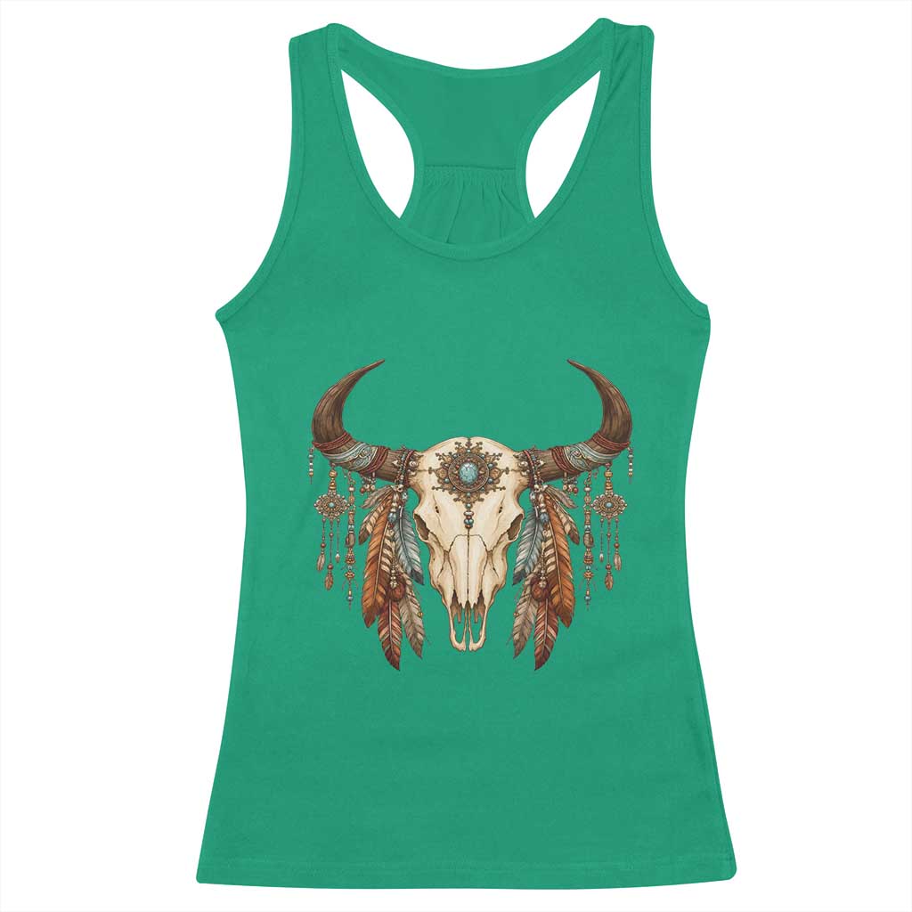 Vintage Southwestern Cow Skull Racerback Tank Top Boho Feather Western Graphic TS12 Irish Green Print Your Wear