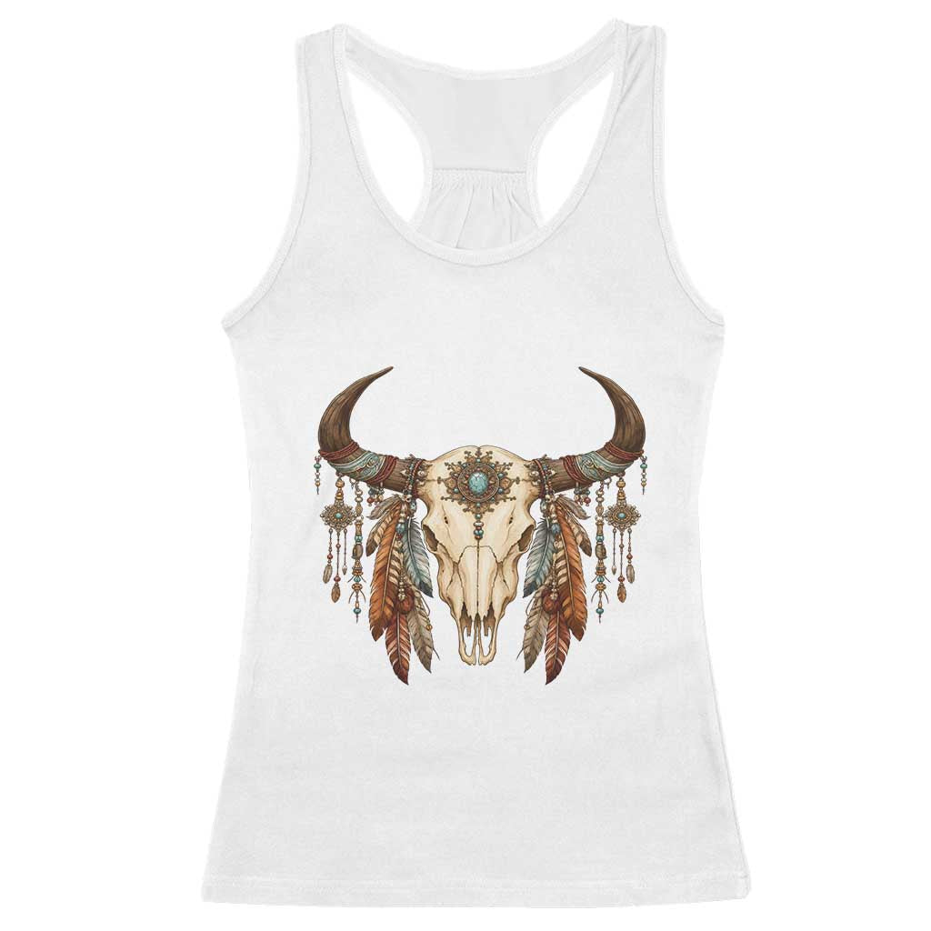 Vintage Southwestern Cow Skull Racerback Tank Top Boho Feather Western Graphic TS12 White Print Your Wear