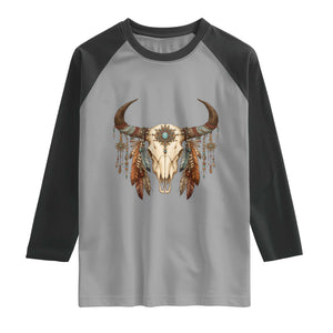 Vintage Southwestern Cow Skull Raglan Shirt Boho Feather Western Graphic