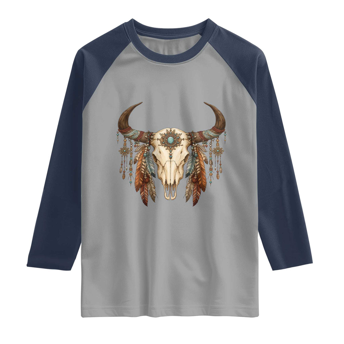 Vintage Southwestern Cow Skull Raglan Shirt Boho Feather Western Graphic
