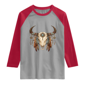 Vintage Southwestern Cow Skull Raglan Shirt Boho Feather Western Graphic
