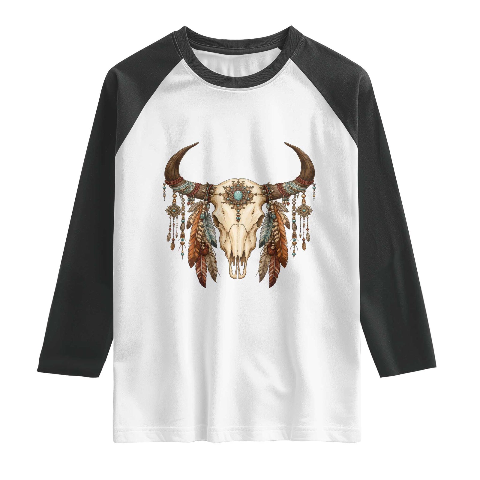 Vintage Southwestern Cow Skull Raglan Shirt Boho Feather Western Graphic TS12 White Black Print Your Wear