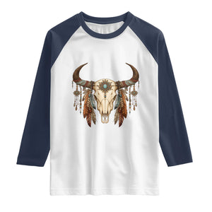 Vintage Southwestern Cow Skull Raglan Shirt Boho Feather Western Graphic