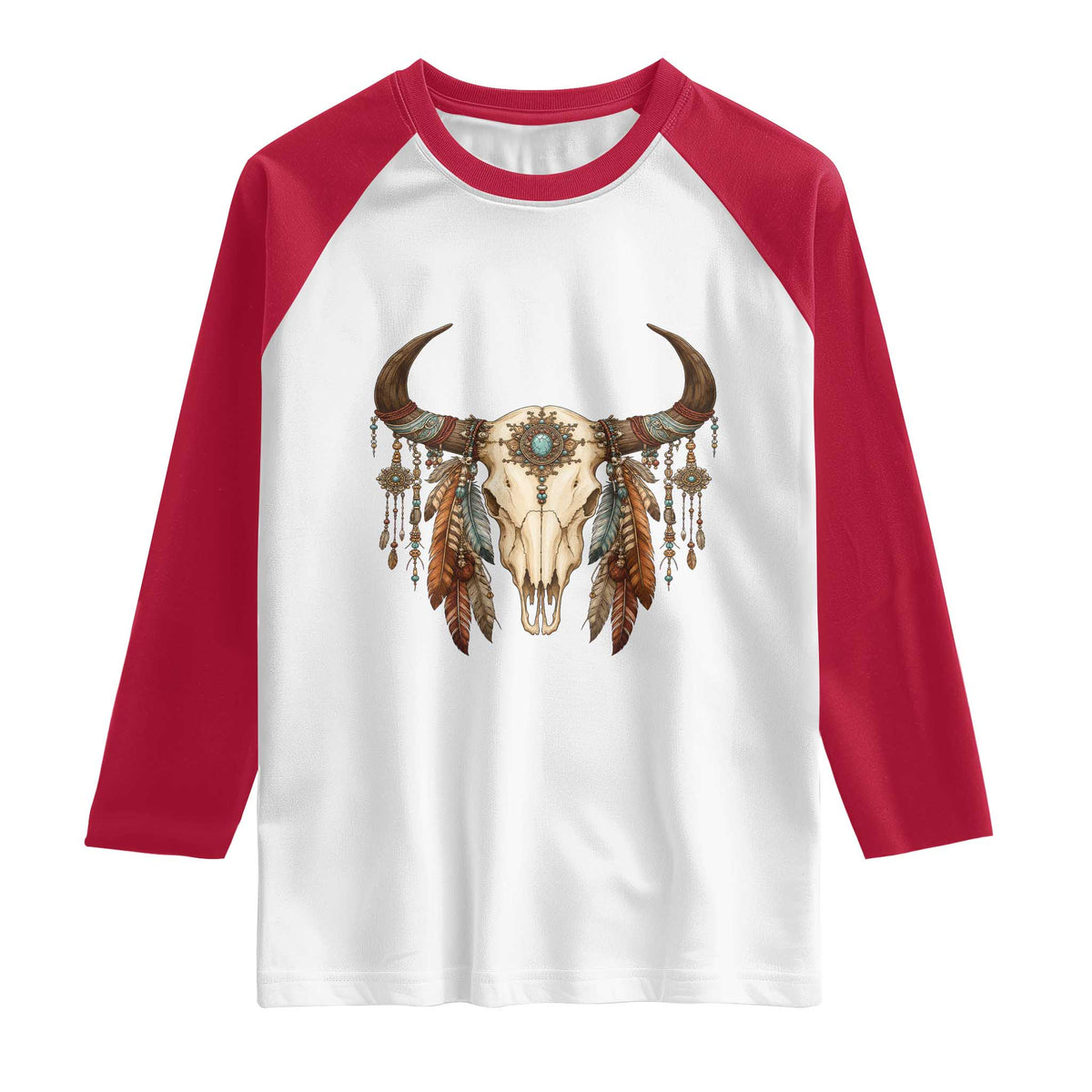 Vintage Southwestern Cow Skull Raglan Shirt Boho Feather Western Graphic