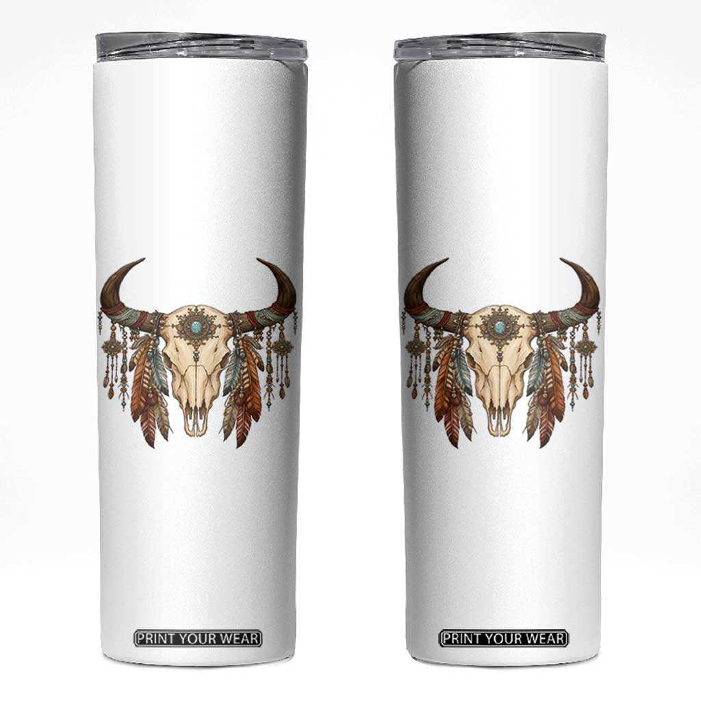 Vintage Southwestern Cow Skull Skinny Tumbler Boho Feather Western Graphic TS12 White Print Your Wear