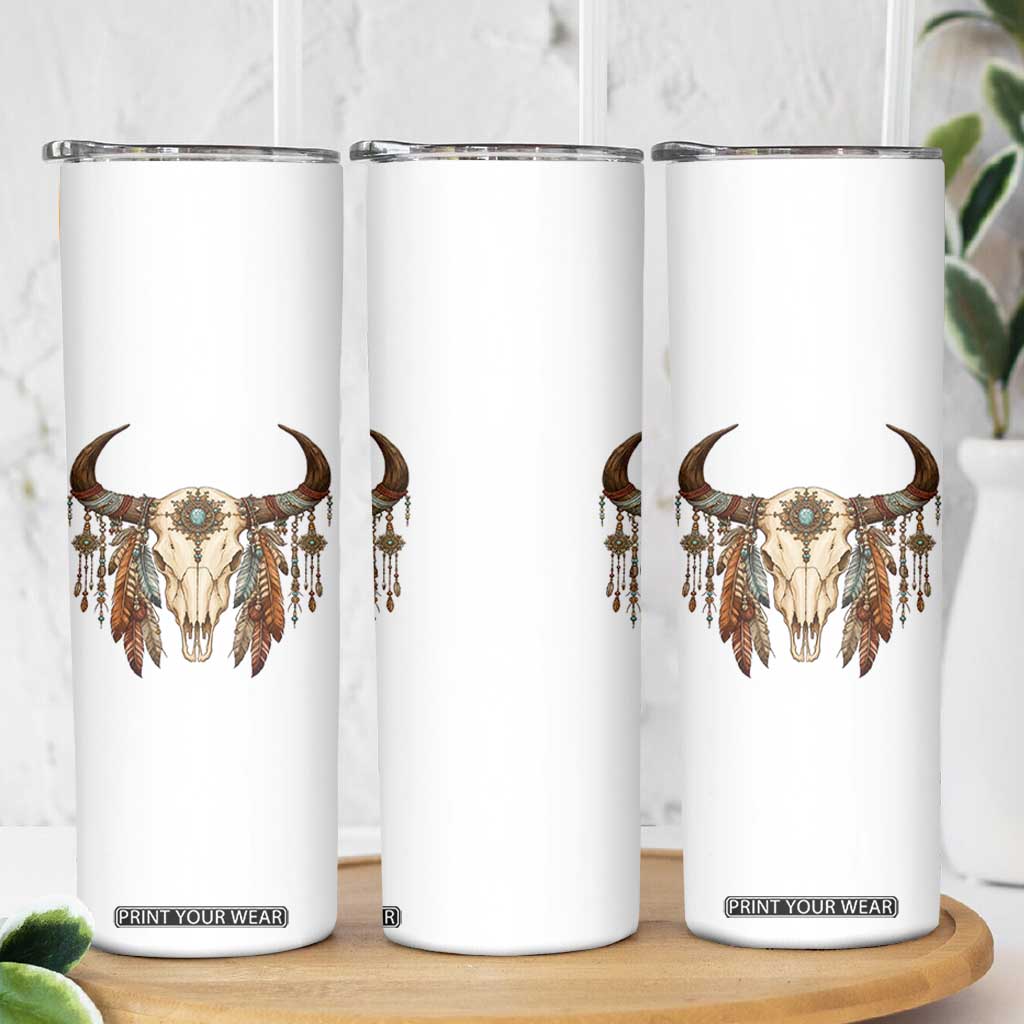 Vintage Southwestern Cow Skull Skinny Tumbler Boho Feather Western Graphic