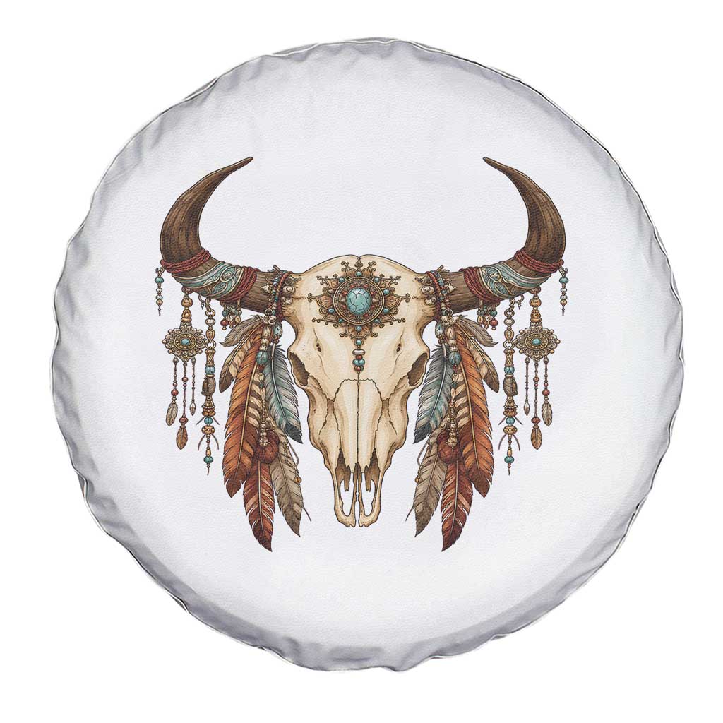 Vintage Southwestern Cow Skull Spare Tire Cover Boho Feather Western Graphic