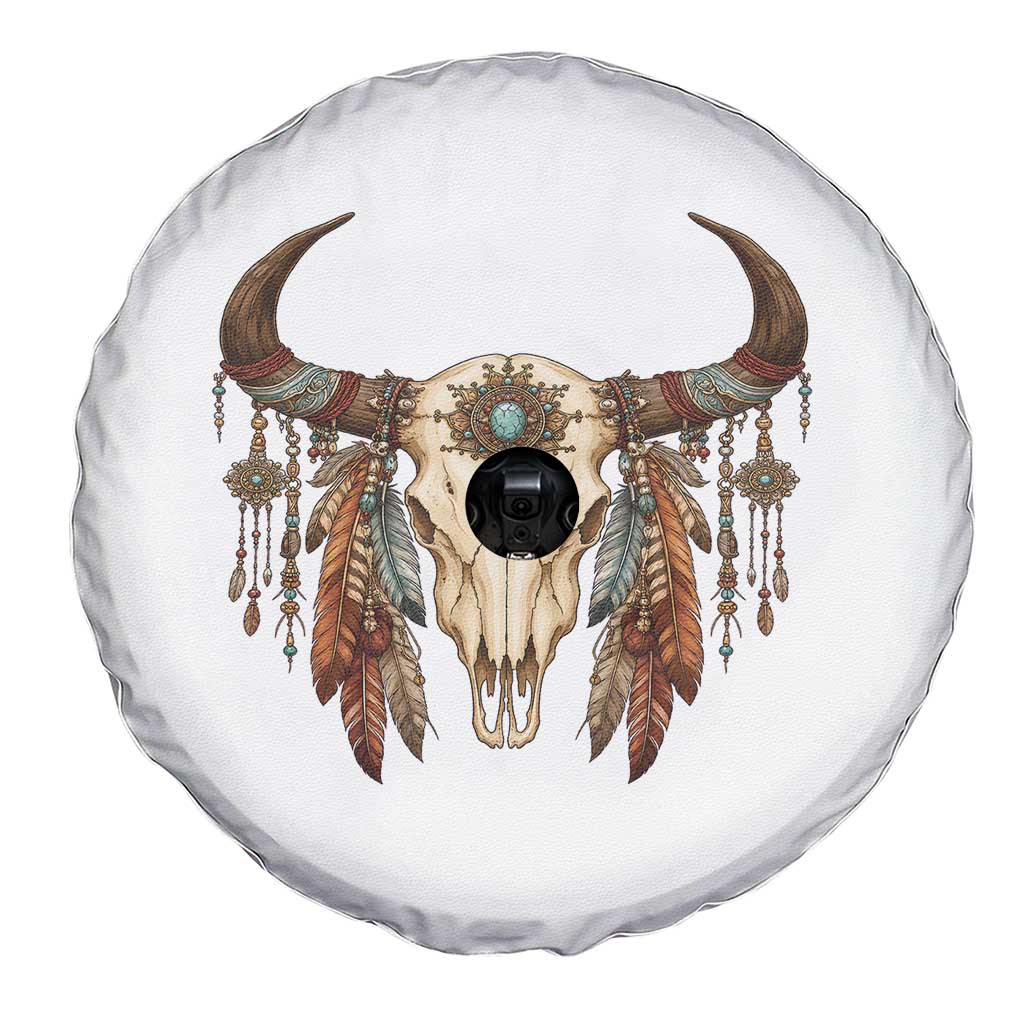 Vintage Southwestern Cow Skull Spare Tire Cover Boho Feather Western Graphic