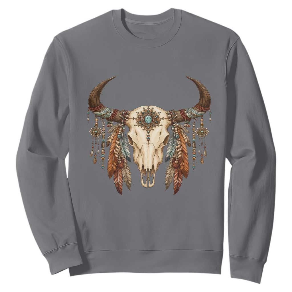 Vintage Southwestern Cow Skull Sweatshirt Boho Feather Western Graphic