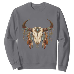 Vintage Southwestern Cow Skull Sweatshirt Boho Feather Western Graphic