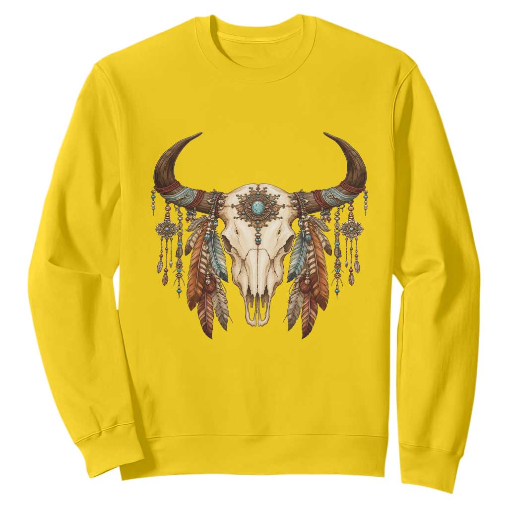 Vintage Southwestern Cow Skull Sweatshirt Boho Feather Western Graphic