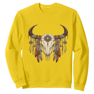 Vintage Southwestern Cow Skull Sweatshirt Boho Feather Western Graphic