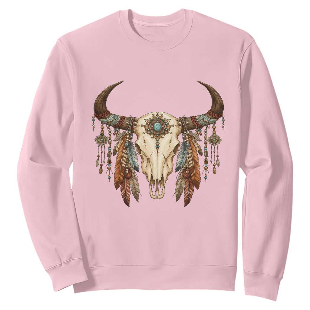 Vintage Southwestern Cow Skull Sweatshirt Boho Feather Western Graphic