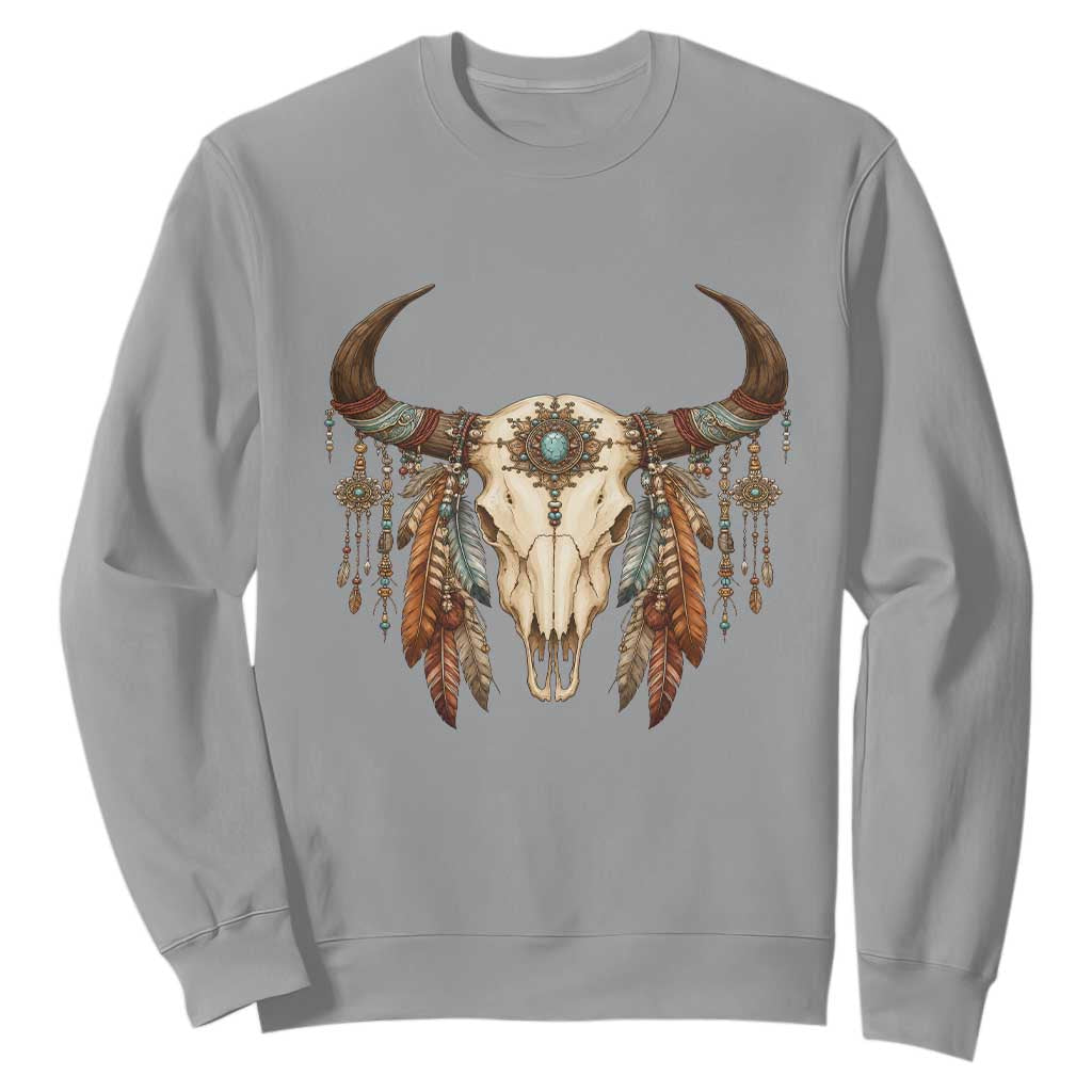 Vintage Southwestern Cow Skull Sweatshirt Boho Feather Western Graphic