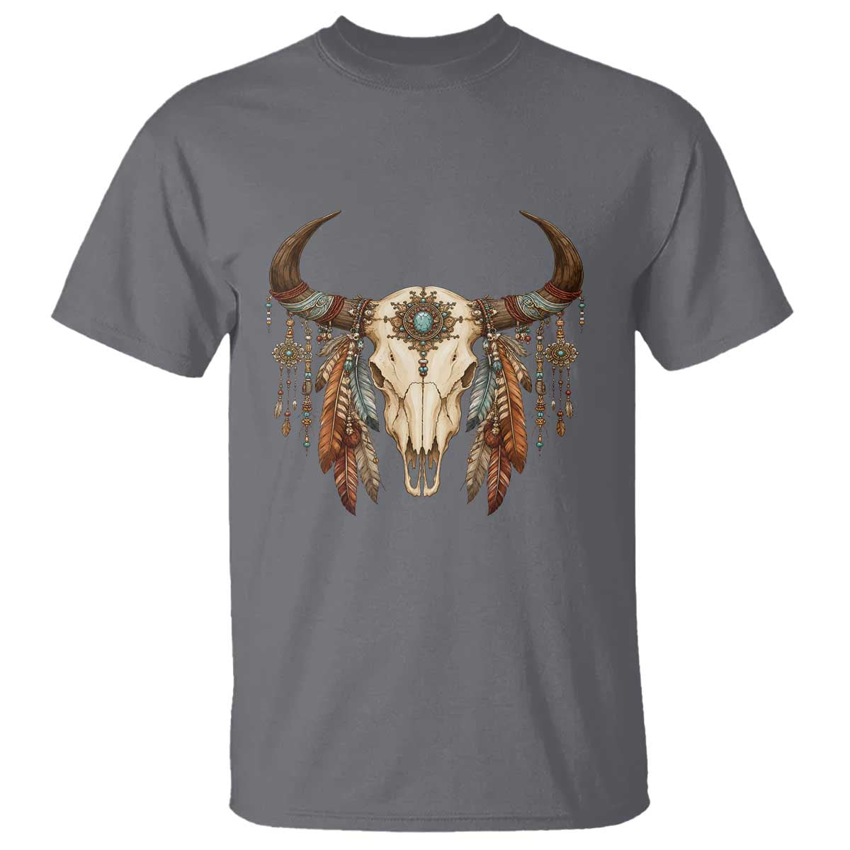 Vintage Southwestern Cow Skull T Shirt Boho Feather Western Graphic