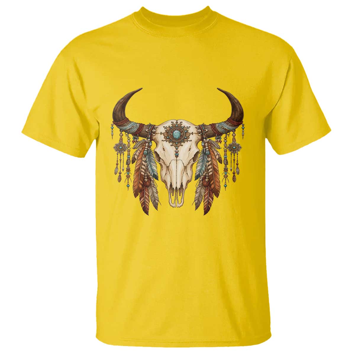Vintage Southwestern Cow Skull T Shirt Boho Feather Western Graphic
