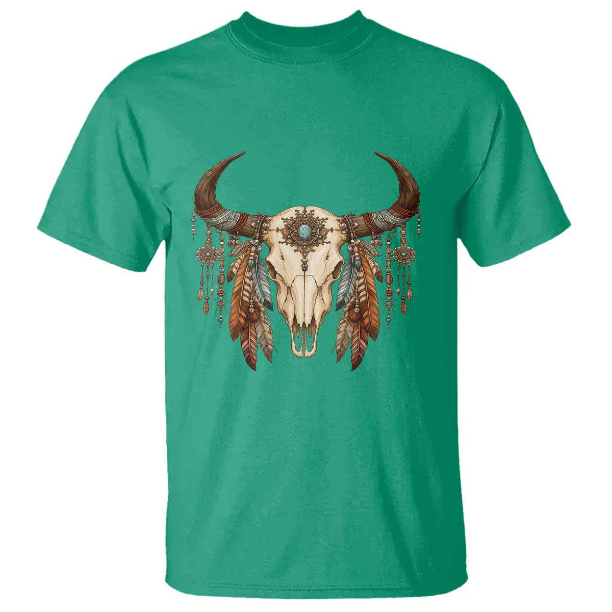 Vintage Southwestern Cow Skull T Shirt Boho Feather Western Graphic