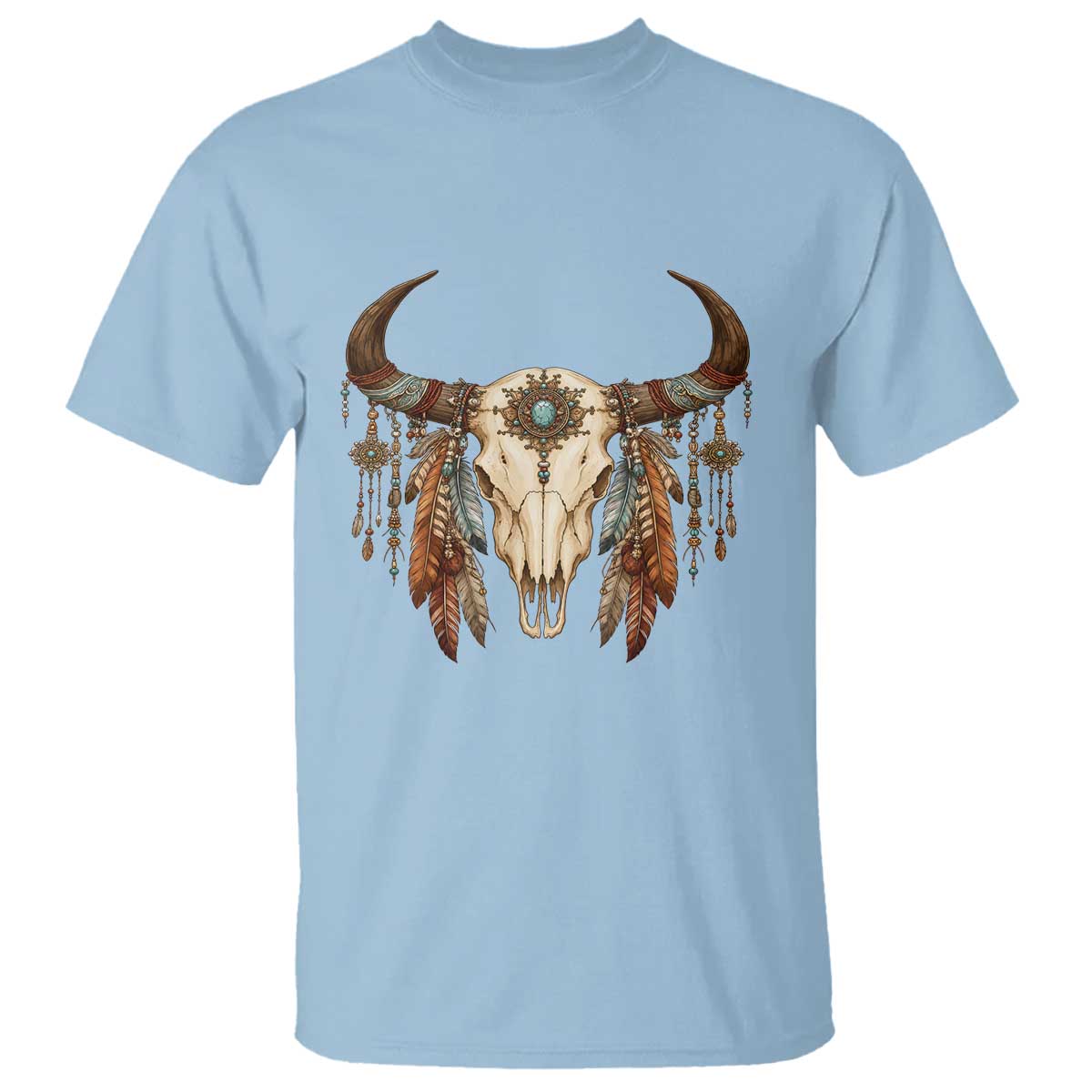 Vintage Southwestern Cow Skull T Shirt Boho Feather Western Graphic
