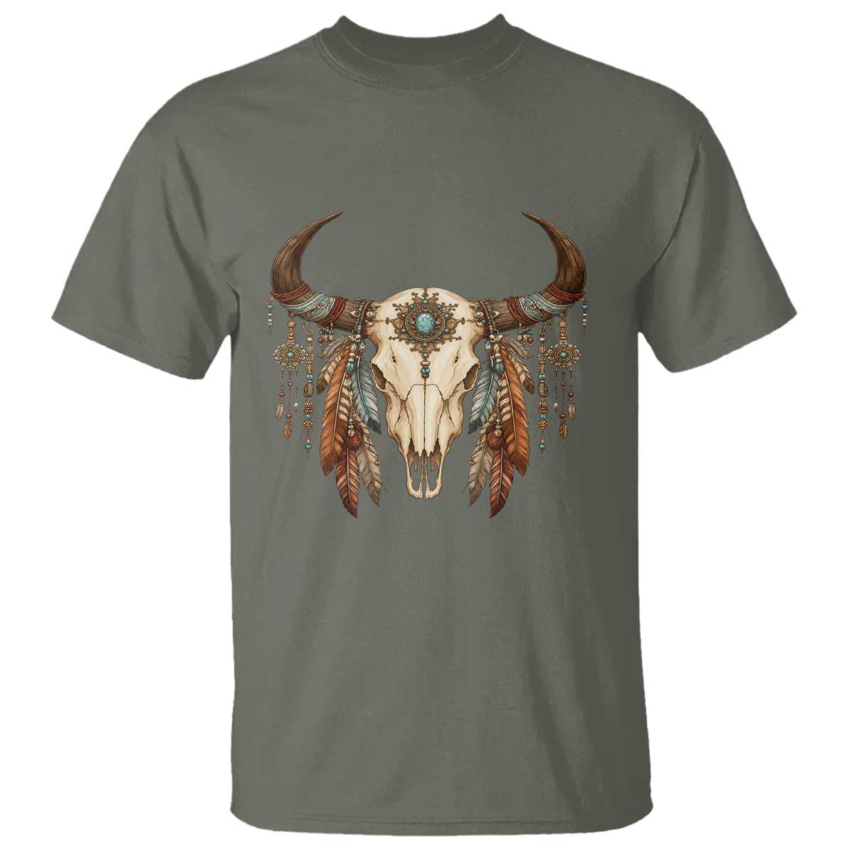 Vintage Southwestern Cow Skull T Shirt Boho Feather Western Graphic