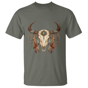 Vintage Southwestern Cow Skull T Shirt Boho Feather Western Graphic