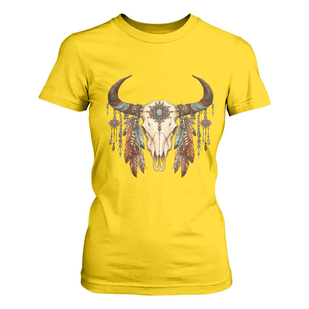 Vintage Southwestern Cow Skull T Shirt For Women Boho Feather Western Graphic