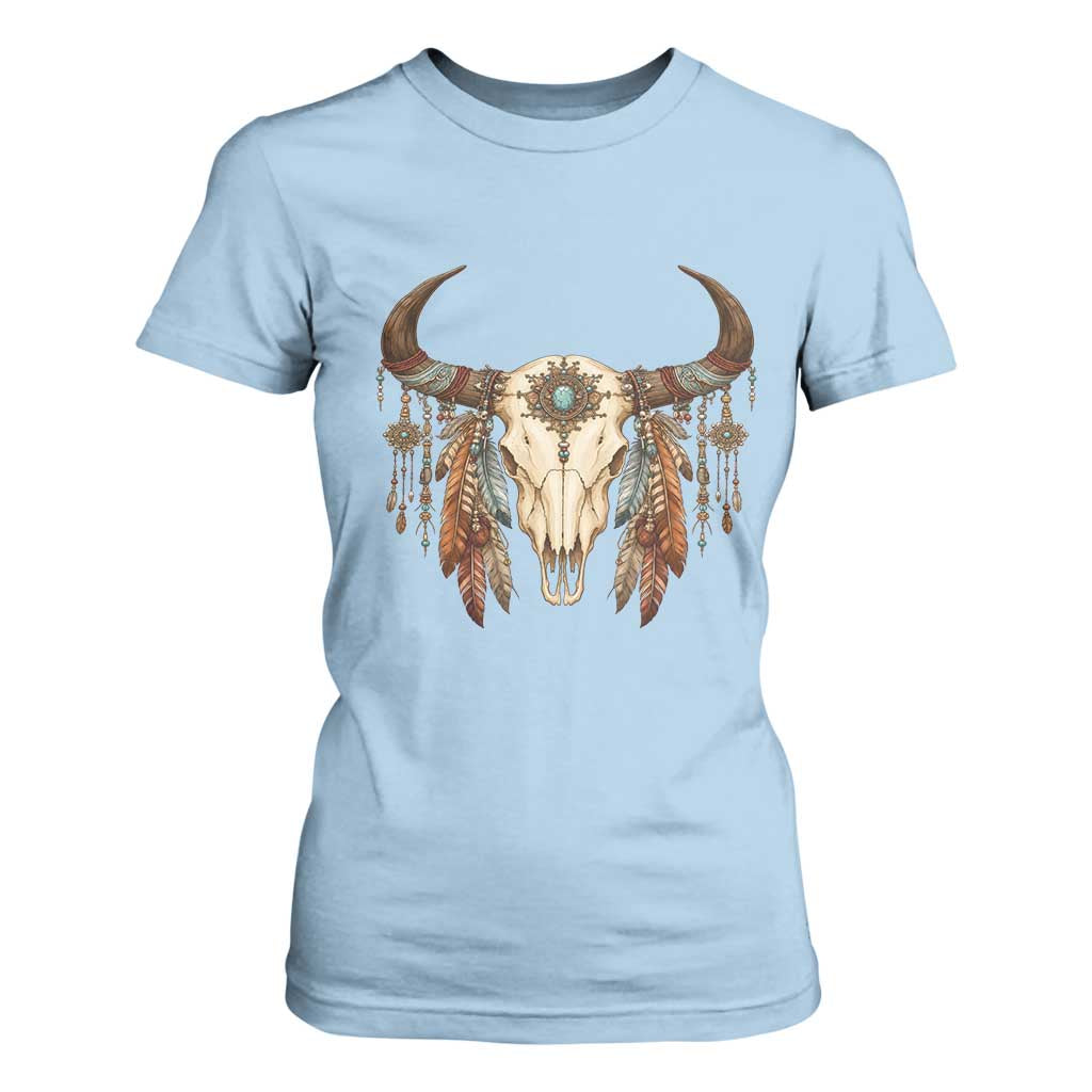 Vintage Southwestern Cow Skull T Shirt For Women Boho Feather Western Graphic