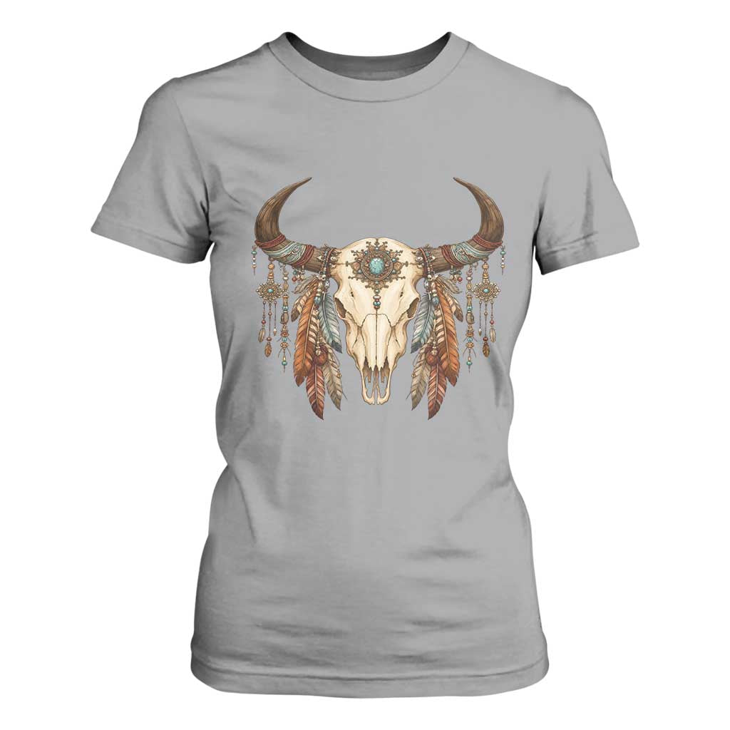 Vintage Southwestern Cow Skull T Shirt For Women Boho Feather Western Graphic