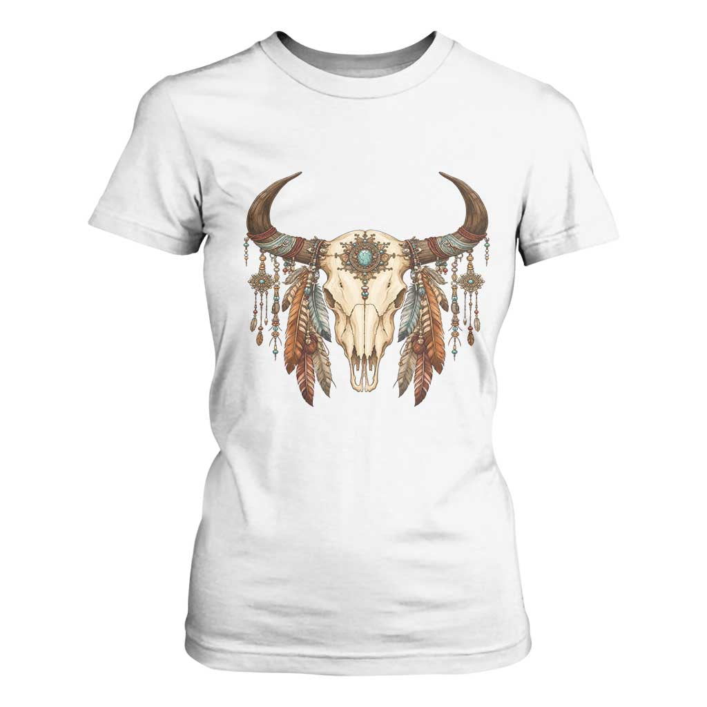 Vintage Southwestern Cow Skull T Shirt For Women Boho Feather Western Graphic